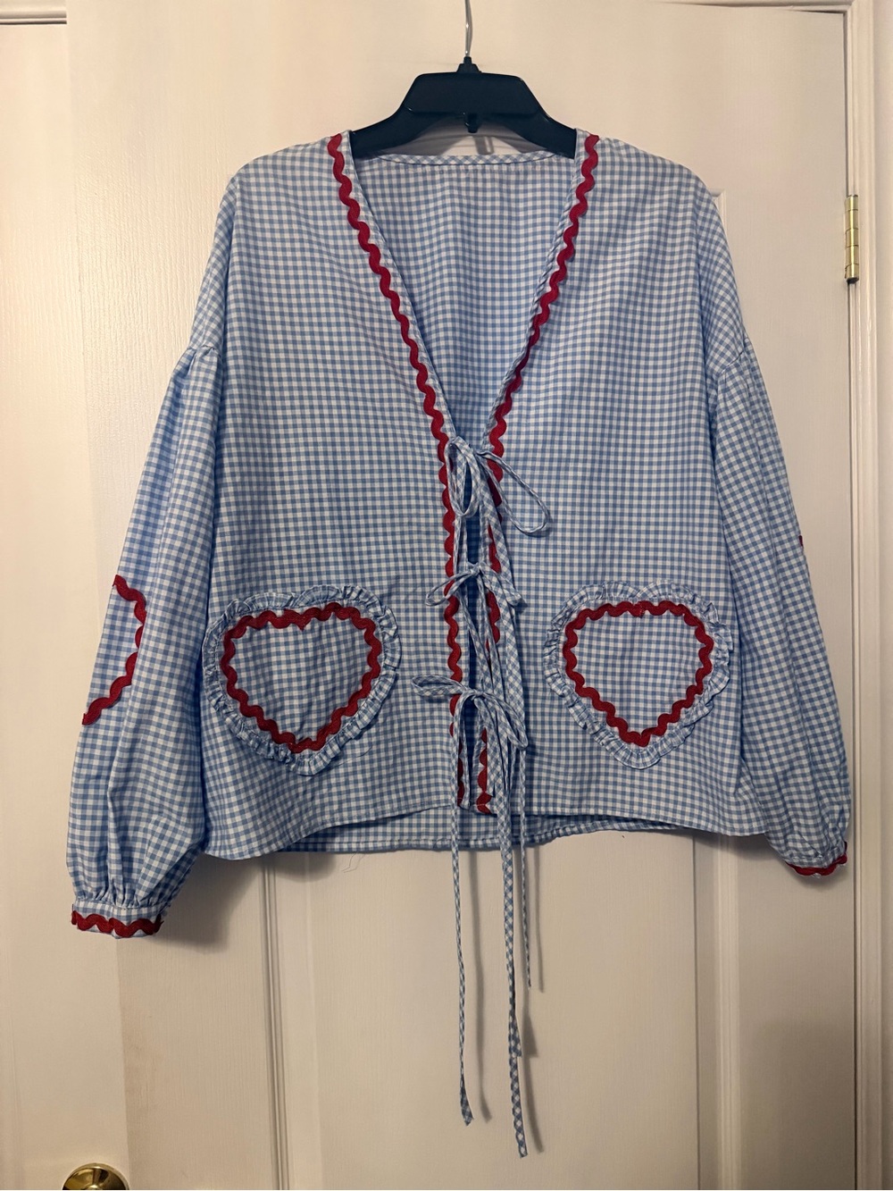 Women’s Blue Gingham Heart-Pocket Tie-Front Top Size L